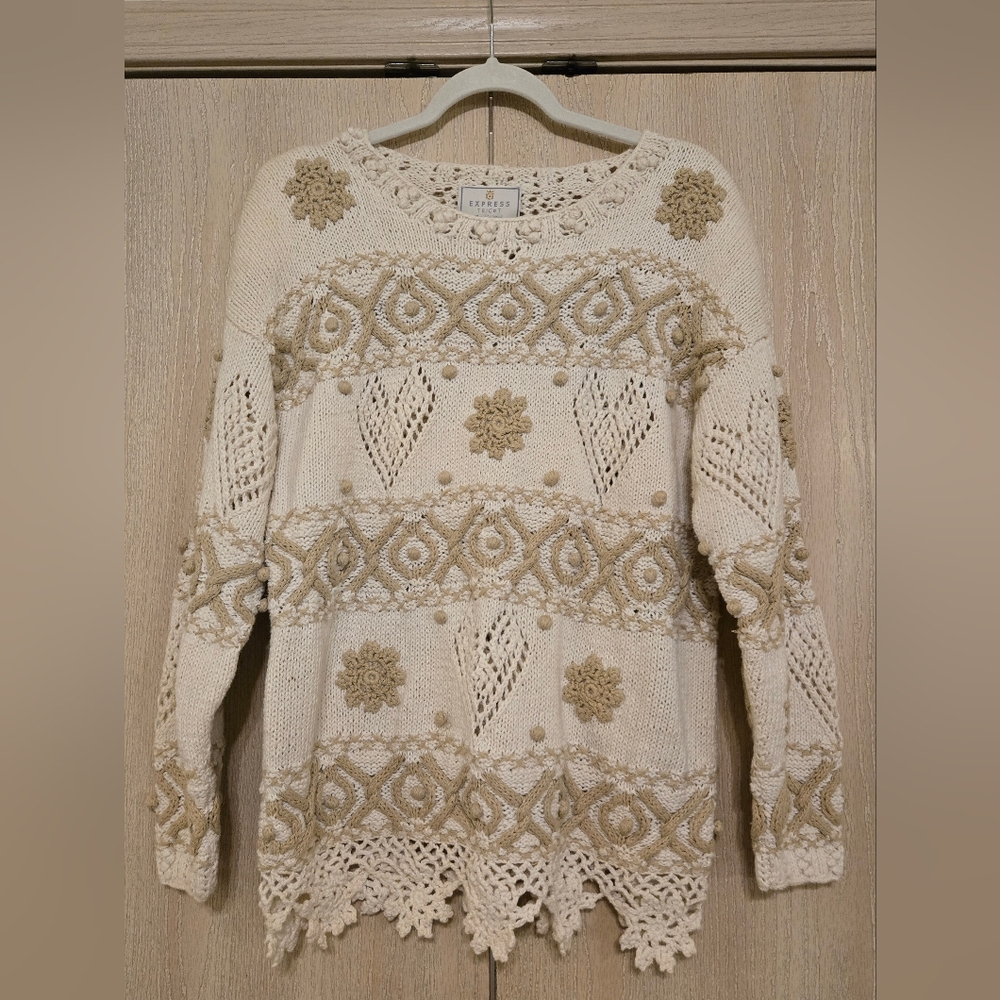 Vintage Express Hand-Knitted Sweater Ramie Cotton Blend Cream Tan Boho Crochet